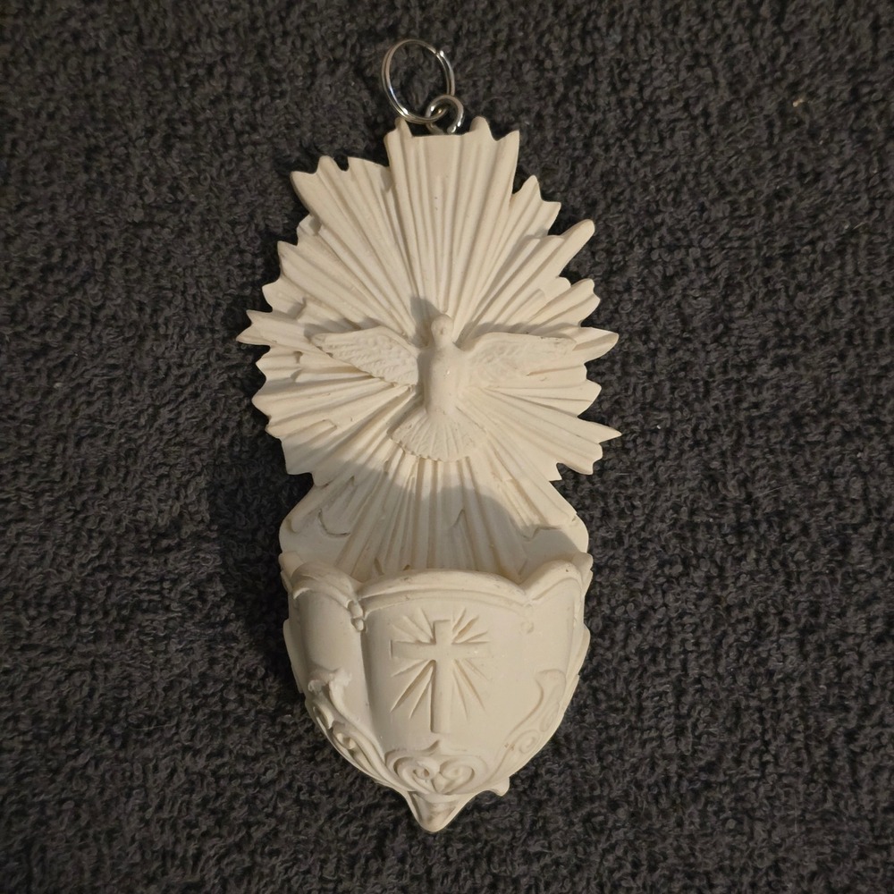 Autom Holy Water Font Wall Hanging Christian Decor Small Ivory Resin Dove Cross